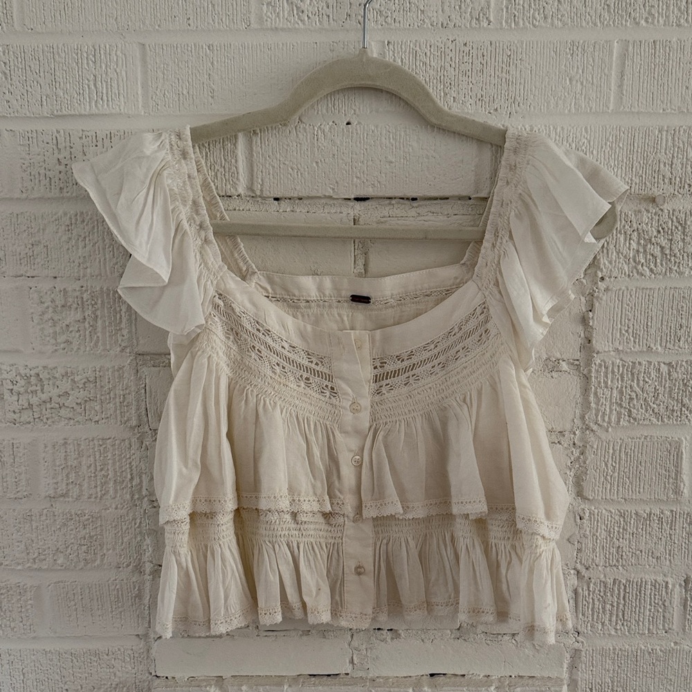 Free People Cream Ruffle Blouse